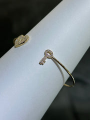 LIV 18k Yellow Gold Sterling Silver Pave White Sapphire Heart & Key Design Hand Made Stackable Cuff Bangle Bracelet Gift