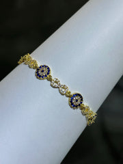 LIV 18k Yellow Gold Sterling Silver Blue & White Sapphire Bezel Halo Design Evil Eye Hand Made Stackable Adjustable Tennis Bracelet Gift