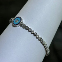 LIV Platinum Sterling Silver Blue & White Sapphire Bezel Halo Design Hamsa Evil Eye Hand Made Stackable Adjustable Tennis Bracelet