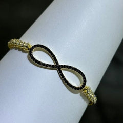 LIV 18k Yellow Gold Sterling Silver Black & White Sapphire Bezel Halo Infinity Design Hand Made Stackable Adjustable Tennis Bracelet