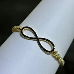 LIV 18k Yellow Gold Sterling Silver Black & White Sapphire Bezel Halo Infinity Design Hand Made Stackable Adjustable Tennis Bracelet