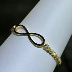 LIV 18k Yellow Gold Sterling Silver Black & White Sapphire Bezel Halo Infinity Design Hand Made Stackable Adjustable Tennis Bracelet