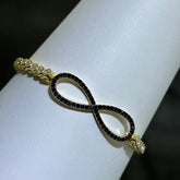 LIV 18k Yellow Gold Sterling Silver Black & White Sapphire Bezel Halo Infinity Design Hand Made Stackable Adjustable Tennis Bracelet