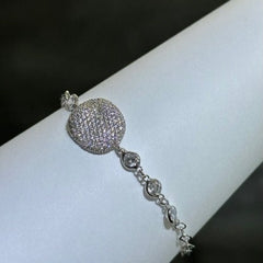 LIV Platinum Sterling Silver Pave White Sapphire Bezel Halo Bean Design Hand Made Stackable Tennis Bracelet Gift