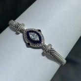 LIV Platinum Sterling Silver Blue & White Sapphire Vintage Style Hand Made Mesh Lobster Lock Bracelet Gift