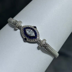LIV Platinum Sterling Silver Blue & White Sapphire Vintage Style Hand Made Mesh Lobster Lock Bracelet Gift