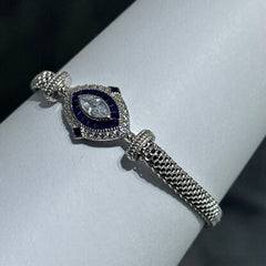LIV Platinum Sterling Silver Blue & White Sapphire Vintage Style Hand Made Mesh Lobster Lock Bracelet Gift