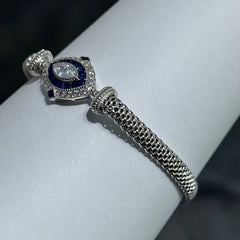 LIV Platinum Sterling Silver Blue & White Sapphire Vintage Style Hand Made Mesh Lobster Lock Bracelet Gift