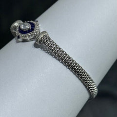 LIV Platinum Sterling Silver Blue & White Sapphire Vintage Style Hand Made Mesh Lobster Lock Bracelet Gift
