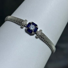 LIV Platinum Sterling Silver Blue & White Sapphire Cushion Halo Vintage Style Hand Made Mesh Lobster Lock Bracelet Gift