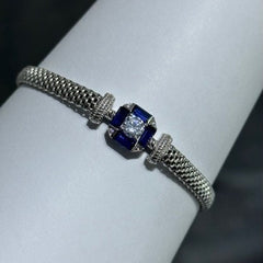 LIV Platinum Sterling Silver Blue & White Sapphire Cushion Halo Vintage Style Hand Made Mesh Lobster Lock Bracelet Gift