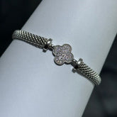 LIV Platinum Sterling Silver Pave White Sapphire Clover Halo Hand Made Mesh Lobster Lock Bracelet Gift