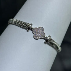 LIV Platinum Sterling Silver Pave White Sapphire Clover Halo Hand Made Mesh Lobster Lock Bracelet Gift