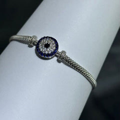 LIV Platinum Sterling Silver Blue & White Sapphire Evil Eye Halo Hand Made Mesh Lobster Lock Bracelet Gift