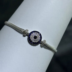 LIV Platinum Sterling Silver Blue & White Sapphire Evil Eye Halo Hand Made Mesh Lobster Lock Bracelet Gift