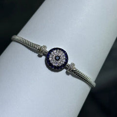 LIV Platinum Sterling Silver Blue & White Sapphire Evil Eye Halo Hand Made Mesh Lobster Lock Bracelet Gift