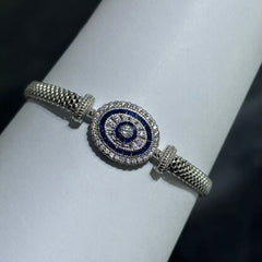 LIV Platinum Sterling Silver Blue & White Sapphire Evil Eye Halo Design Hand Made Mesh Lobster Lock Bracelet Gift