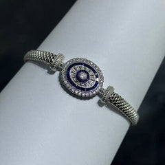 LIV Platinum Sterling Silver Blue & White Sapphire Evil Eye Halo Design Hand Made Mesh Lobster Lock Bracelet Gift