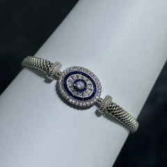 LIV Platinum Sterling Silver Blue & White Sapphire Evil Eye Halo Design Hand Made Mesh Lobster Lock Bracelet Gift