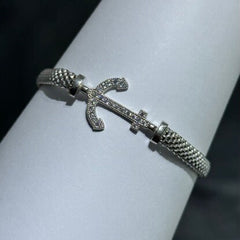 LIV Platinum Sterling Silver Pave White Sapphire Sideway Anchor Halo Design Hand Made Mesh Lobster Lock Bracelet Gift