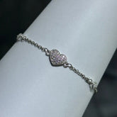 LIV Platinum Sterling Silver Pave White Sapphire Heart Halo Design Hand Made Unique Lock Tennis Stack Bracelet Gift