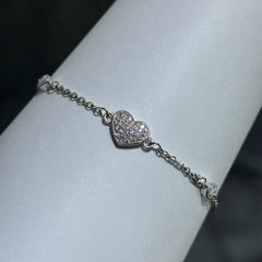 LIV Platinum Sterling Silver Pave White Sapphire Heart Halo Design Hand Made Unique Lock Tennis Stack Bracelet Gift