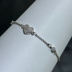 LIV Platinum Sterling Silver Pave White Sapphire Heart Halo Design Hand Made Unique Lock Tennis Stack Bracelet Gift