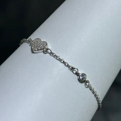 LIV Platinum Sterling Silver Pave White Sapphire Heart Halo Design Hand Made Unique Lock Tennis Stack Bracelet Gift