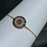 LIV 18k Yellow Gold Sterling Silver Pave Rainbow Sapphire Evil Eye Disk Halo Design Hand Made Adjustable Tennis Stack Bracelet Gift