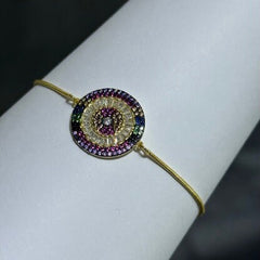 LIV 18k Yellow Gold Sterling Silver Pave Rainbow Sapphire Evil Eye Disk Halo Design Hand Made Adjustable Tennis Stack Bracelet Gift