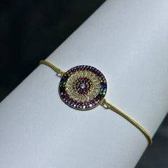LIV 18k Yellow Gold Sterling Silver Pave Rainbow Sapphire Evil Eye Disk Halo Design Hand Made Adjustable Tennis Stack Bracelet Gift