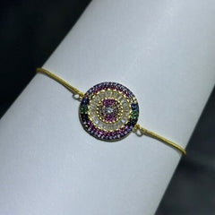 LIV 18k Yellow Gold Sterling Silver Pave Rainbow Sapphire Evil Eye Disk Halo Design Hand Made Adjustable Tennis Stack Bracelet Gift