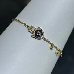 LIV 18k Yellow Gold Sterling Silver Pave Blue & White Sapphire Evil Eye Hamsa Halo Design Hand Made Dangle Tennis Stack Bracelet Gift