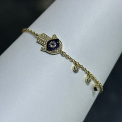 LIV 18k Yellow Gold Sterling Silver Pave Blue & White Sapphire Evil Eye Hamsa Halo Design Hand Made Dangle Tennis Stack Bracelet Gift
