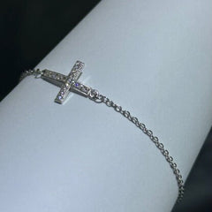 LIV Platinum Sterling Silver Pave White Sapphire Sideway Cross Halo Design Hand Made Cable Link Stack Bracelet Gift