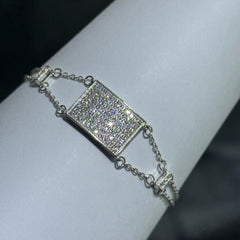 LIV Platinum Sterling Silver Pave White Sapphire Rectangular Sideway Halo Design Hand Made Cable Link Stack Bracelet Gift