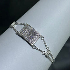LIV Platinum Sterling Silver Pave White Sapphire Rectangular Sideway Halo Design Hand Made Cable Link Stack Bracelet Gift