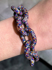 LIV Large Pave Sterling Silver Link Bracelet With Hand Set Simulated Colored Diamonds