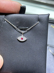 LIV 14k White Gold Diamonds & Red Ruby Pave Evil Eye Good Luck Halo Necklace Pendant Gift