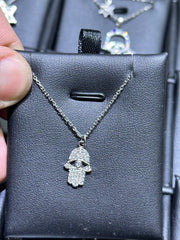 LIV 14k White Gold Diamonds Pave Evil Eye Hamsa Hand of God Good Luck Halo Necklace Pendant Gift