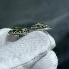 LIV 18k Yellow Gold Over Sterling Silver Hand Made Green Simulated Emerald Rectangular Unique Cuff Links Bridal Wedding Gift