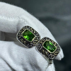 LIV 18k Yellow Gold Over Sterling Silver Hand Made Green Simulated Emerald Rectangular Unique Cuff Links Bridal Wedding Gift