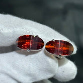 LIV Platinum Sterling Silver Hand Made Checker Board Cut Long Red Sapphire Stone Unique Cuff Links Bridal Wedding Gift ift G