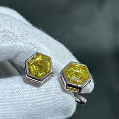 LIV Platinum Sterling Silver Hand Made Hexagon Cut Halo Yellow Sapphire Stone Unique Cuff Links Bridal Wedding Gift ift G