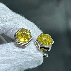LIV Platinum Sterling Silver Hand Made Hexagon Cut Halo Yellow Sapphire Stone Unique Cuff Links Bridal Wedding Gift ift G
