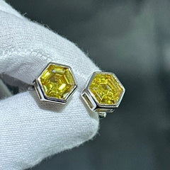 LIV Platinum Sterling Silver Hand Made Hexagon Cut Halo Yellow Sapphire Stone Unique Cuff Links Bridal Wedding Gift ift G