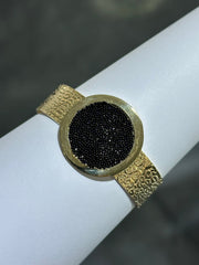 LIV 18k Yellow Gold Sterling Silver Oval Halo Design Unique Hand Made Hammered Cuff Bangle Bracelet Gift