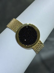 LIV 18k Yellow Gold Sterling Silver Oval Halo Design Unique Hand Made Hammered Cuff Bangle Bracelet Gift