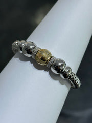 LIV 18k Yellow Gold Sterling Silver Diamond Cut Bead Design Stretch Halo Hand Made Tennis Stack Bracelet Gift