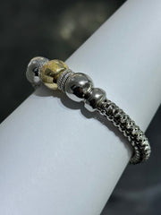 LIV 18k Yellow Gold Sterling Silver Diamond Cut Bead Design Stretch Halo Hand Made Tennis Stack Bracelet Gift